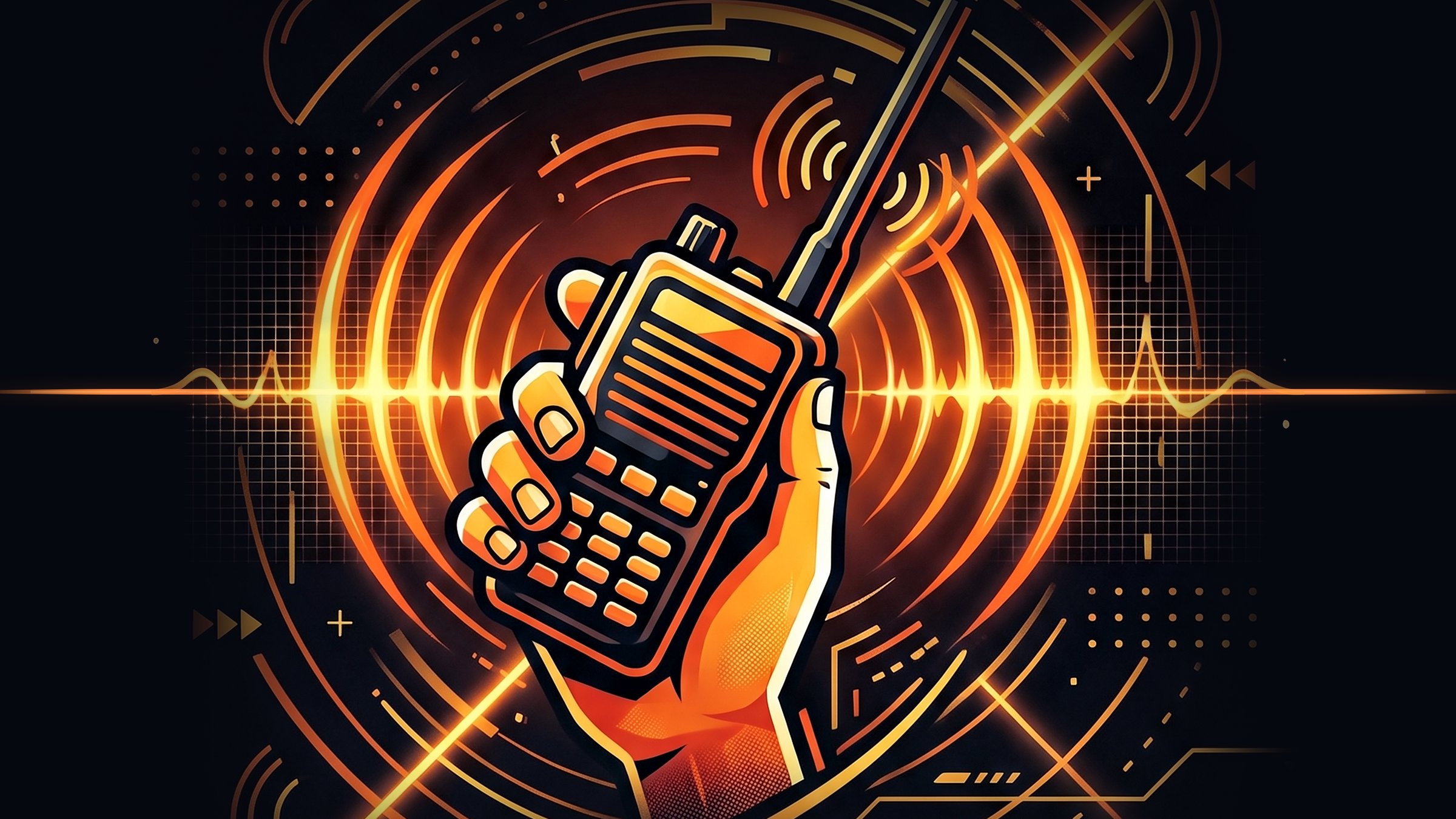 Ręka trzymająca radiotelefon na tle fal radiowych — grafika z plakatu projektu „Sygnał Nadziei”